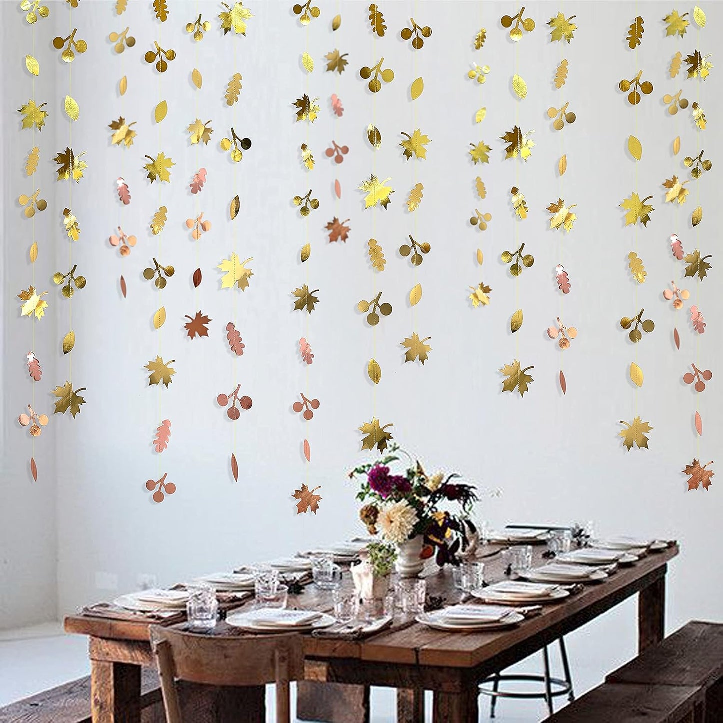 52Ft Fall Party Decorations Maple Leaf Garland Streamer Champagne Rose Gold Gradient Autumn Leaves Paper Banner for Thanksgiving Harvest Birthday Wedding Bridal Shower Engagement Party Decor