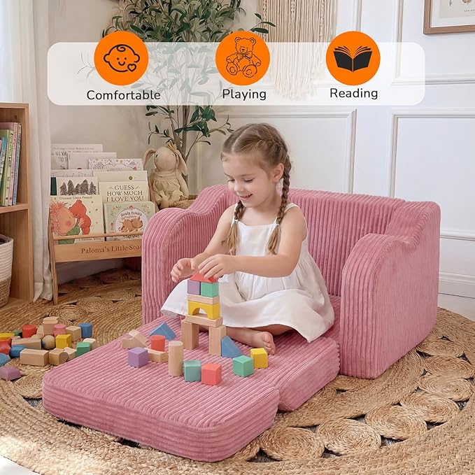 MeMoreCool Corduroy Pink Kids Chair, 2-in-1 Kids Couch Fold Out to Lounger - Image 4