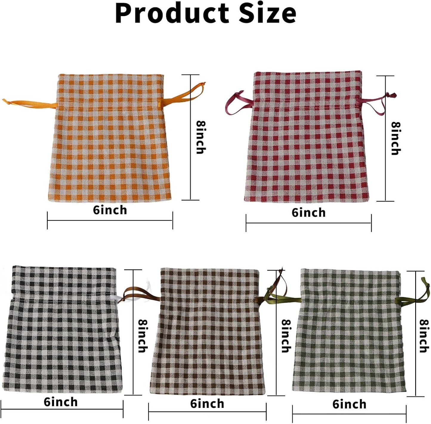 Meseey 5 Pcs Large Fall Burlap Bags with Drawstrings Buffalo Plaid Gift Bags Gingham Sacks Bags Reusable Pouch Bag for Thankgiving Birthday Party (fall plaid set 8Inch)