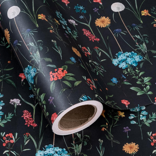 WRAPAHOLIC Kraft Wildflower Wrapping Paper - Mini Roll - 17 Inch x 16.5 Feet - Black Floral Wrapping Paper for Wedding, Birthday, Wedding, Bridal Shower, Drawer Liners, Tea Party