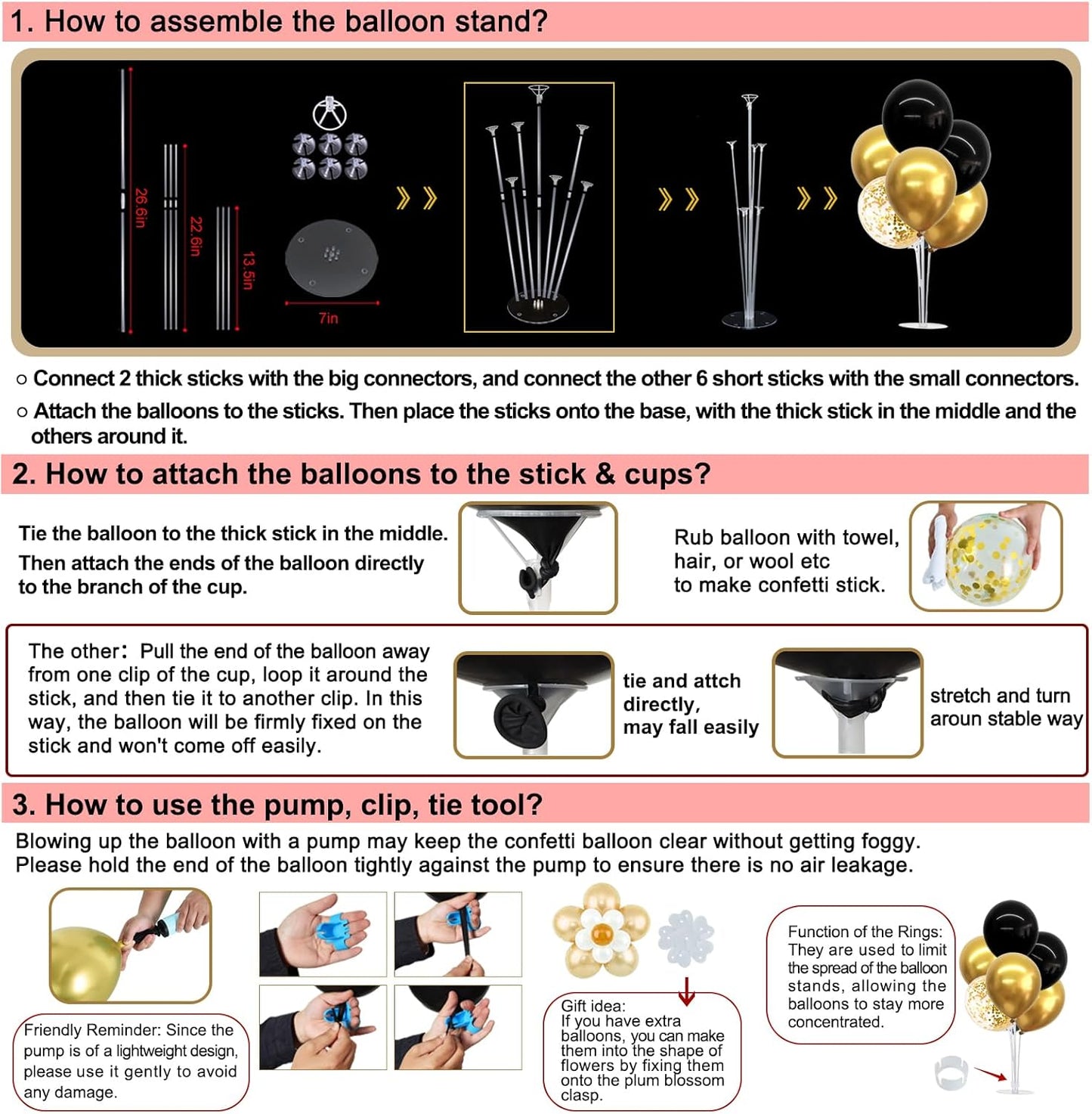 TONIFUL Black and Rose Gold Balloon Centerpieces for Table,Balloon Stand Kit for Bridal,Shower,Graduation,Wedding,Girl Party Decorations,New Year,Anniversary,Birthday Decorations for Women(4 Set)