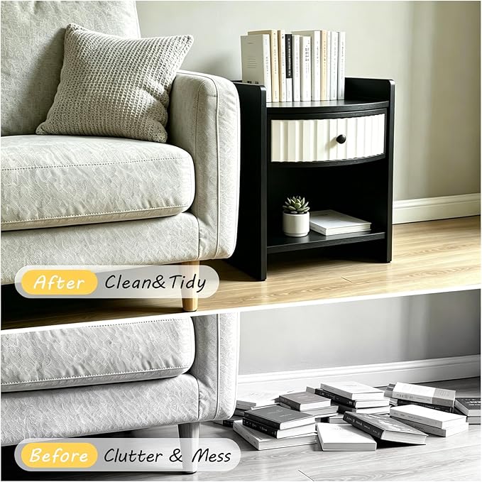 Wooden Nightstand with Drawer and Open Storage Shelf, Curved Front Bedside Table - Image 6