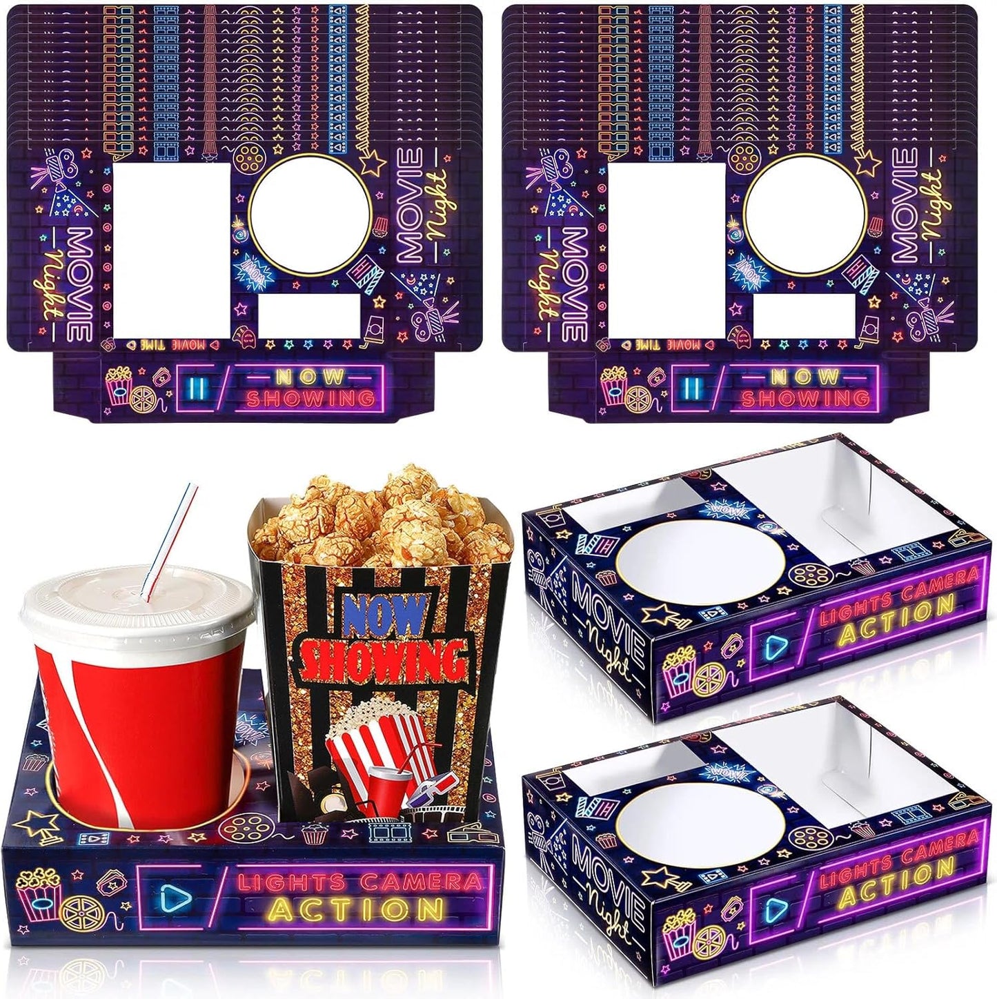 Faccito 36 Pcs Movie Night Snack Trays Movie Theater Snack Boxes Night Supply Disposable Paper Holder Tray for Popcorn Food Candy Drink Party 8 x 6 Inch(Black Purple,Classic Style)
