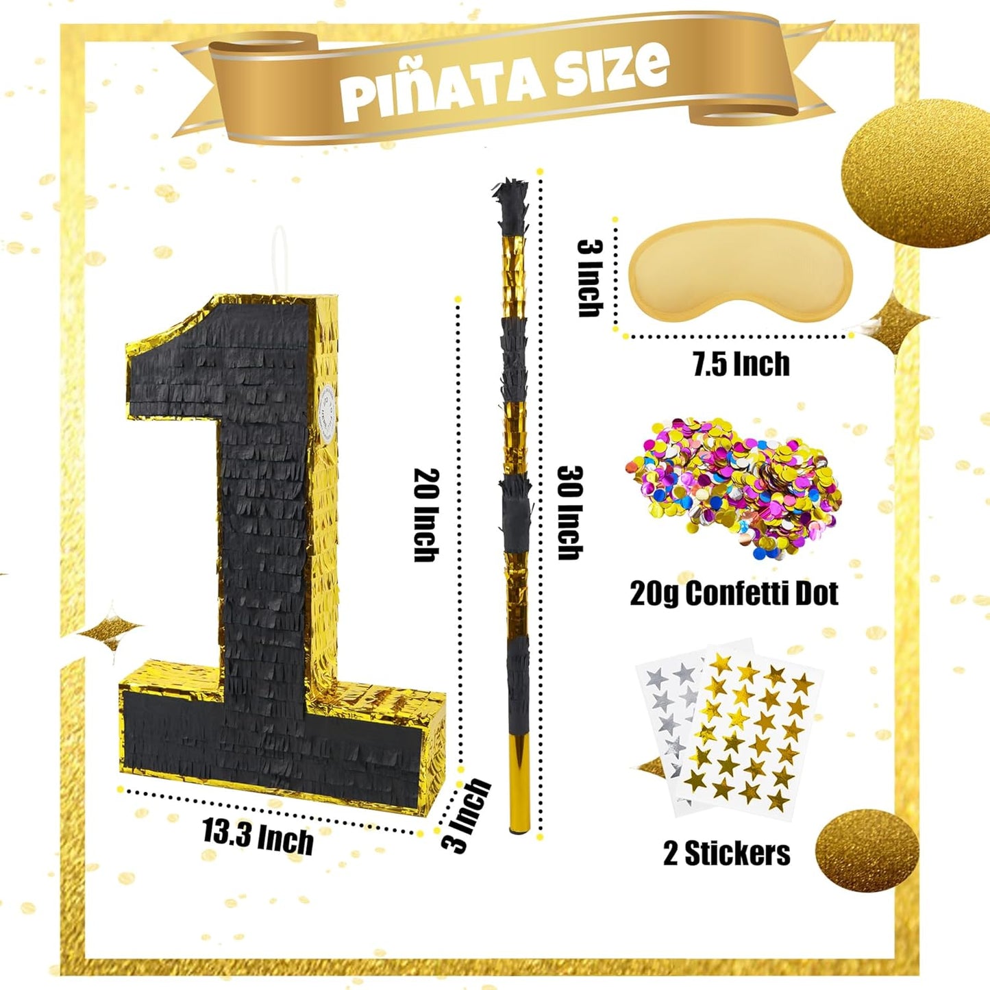 PCFING 20 Inch Number 1 Piñata Gold Black with 30 Inch Piñata Stick Blindfold Confetti for Man Women Boys Girls Birthday Party Decorations, Anniversary Celebration, Fiesta