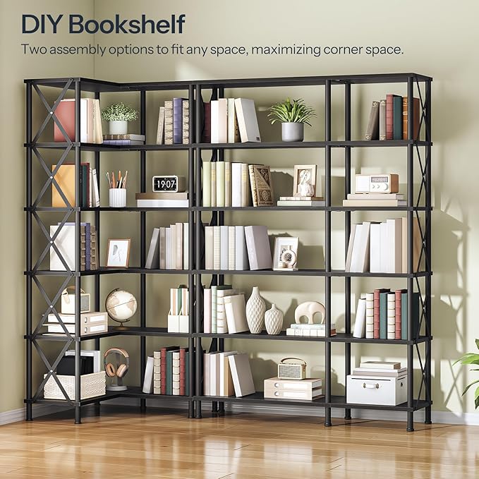 HOOBRO Corner Bookshelf, 6-Tier L-Shaped Bookcase, Industrial Open Display - Image 4