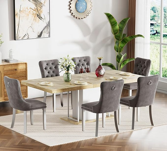 Henf 63"-79" Dining Table Set for 6, 7 Pieces Extendable Dining Table and 6 by Henf