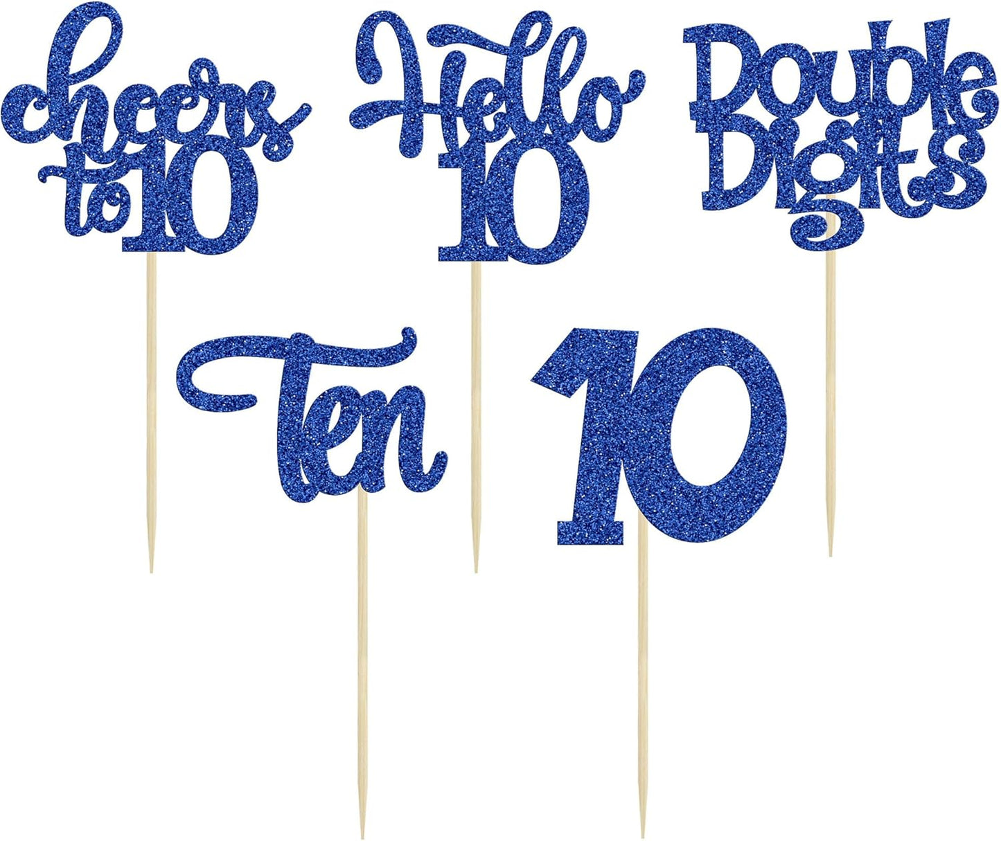 30Pcs 10th Birthday Cupcake Toppers Ten Double Hello 10 Cupcake Picks Cheers to 10 Years Old Cake Decorations for 10th Birthday Party Supplies Deep Blue Glitter
