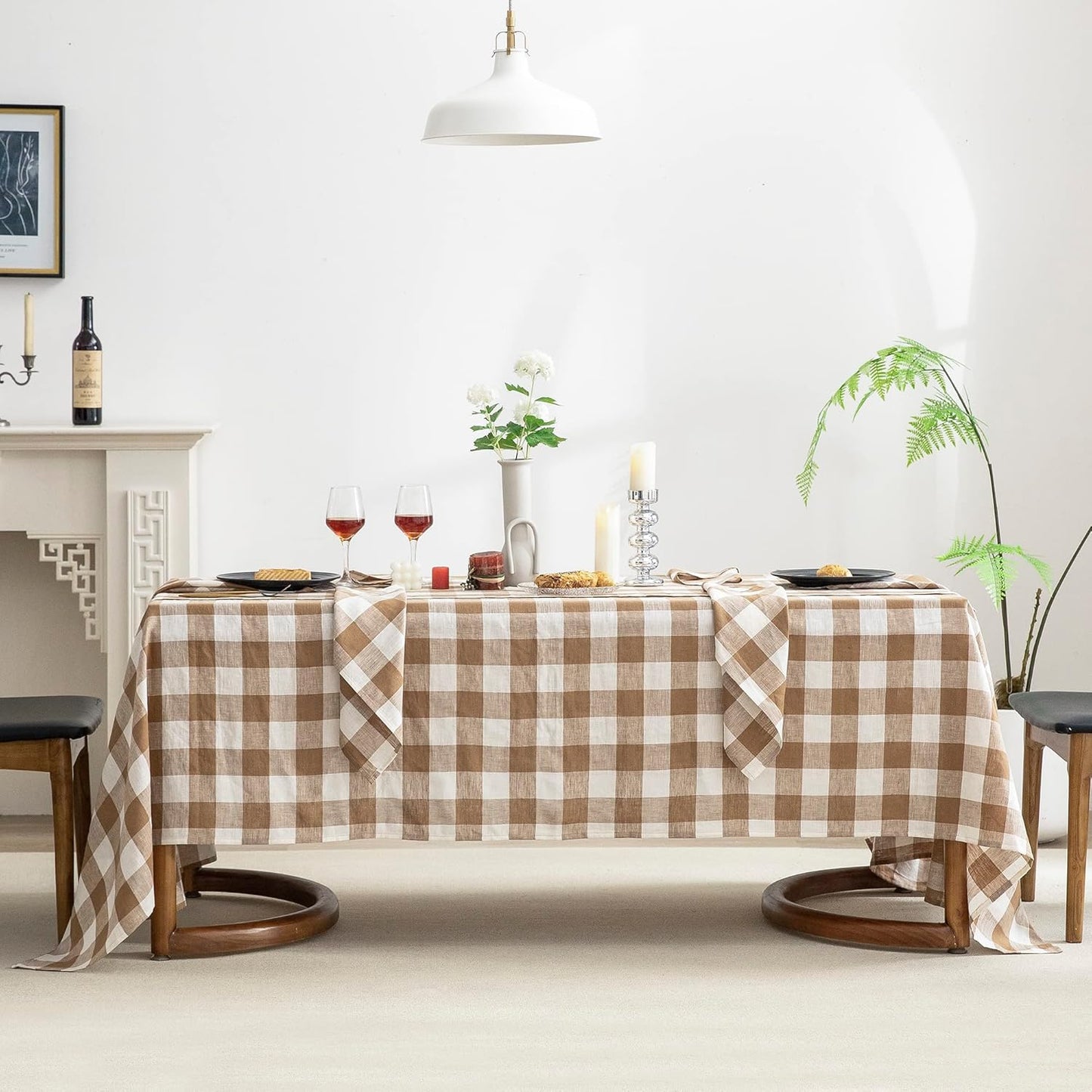 EVERLY 100% Yarn-Dyed Linen Rectangle Tablecloths 60x144Inches for Dining,Buffet Parties,Picnic,Events and Restaurants,Decorative Halloween,Thanksgiving Machine Washable Tablecloths-Brown Plaid