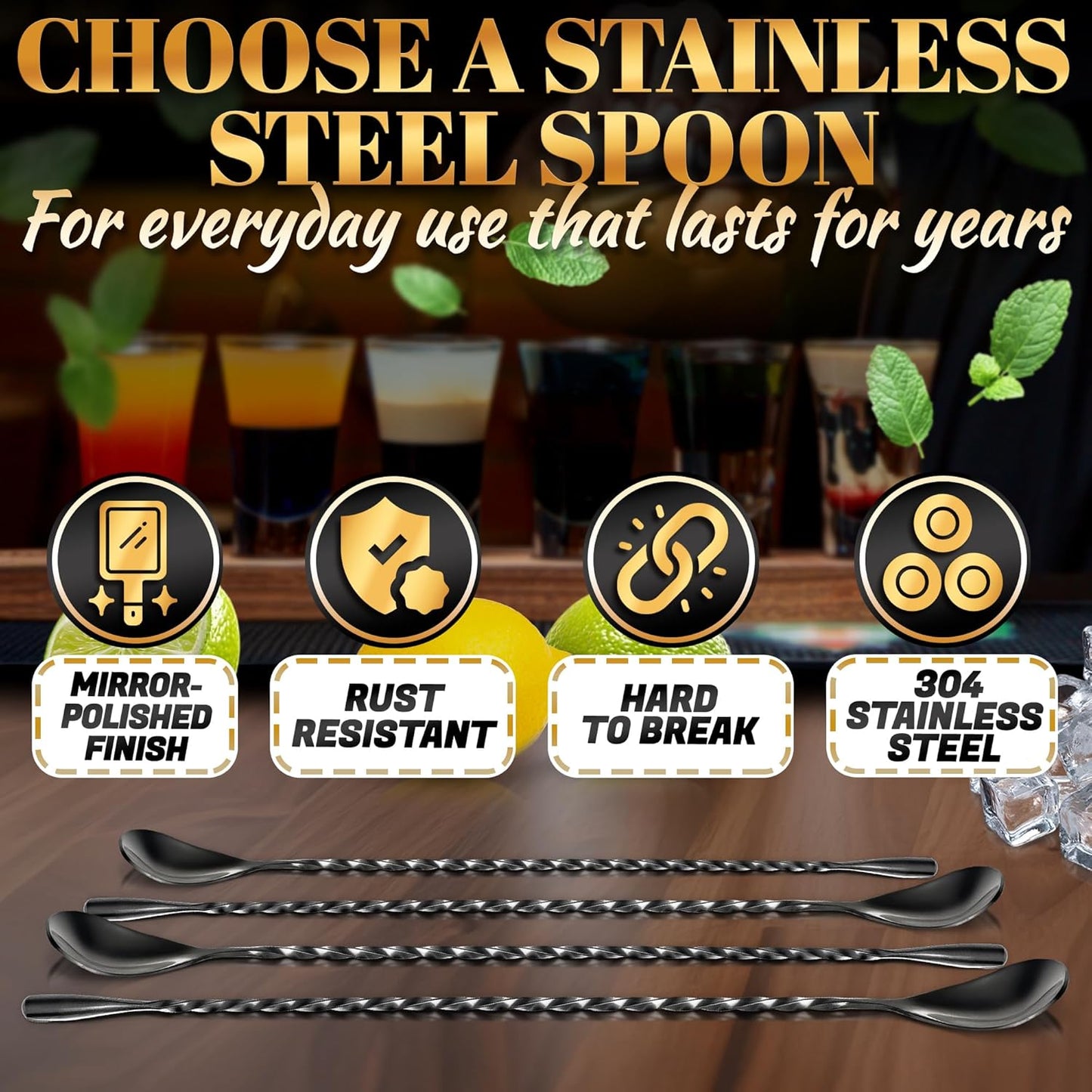 4 Pcs Bar Spoon Cocktail Mixing Spoon Set – 12" Stainless Steel with Twisted Spiral Handle Stirring Spoons, Good for Cocktails, Iced Tea, & Drink Mixing Lovers | Caviar Spoons