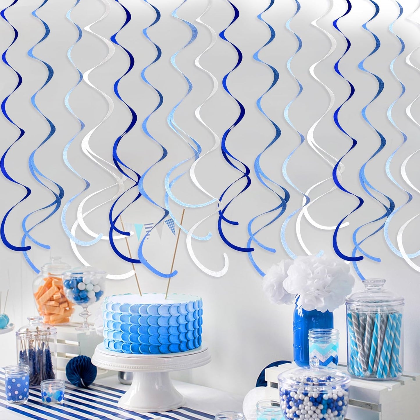 36 Pcs Blue Hanging Swirl Decorations Ombre Royal Blue White Felt Swirl Streamer Spiral Ceiling Garland for Birthday Wedding Baby Shower Graduation Under The Sea Nautical Ahoy Achor Party Supplies