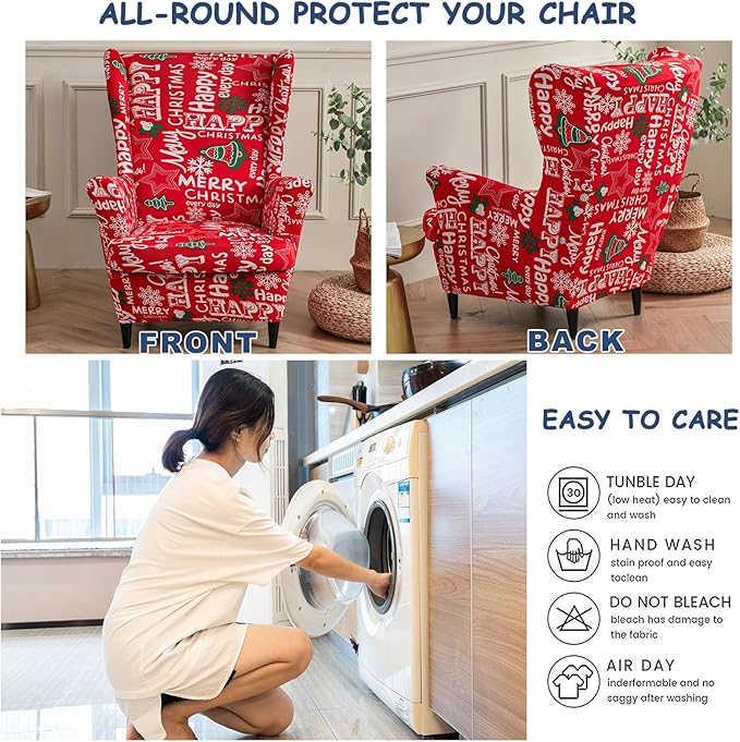 HAOYONG Christmas Stretch Wingback Chair Cover 2 Pieces Wing Chair Slipcover - Image 4