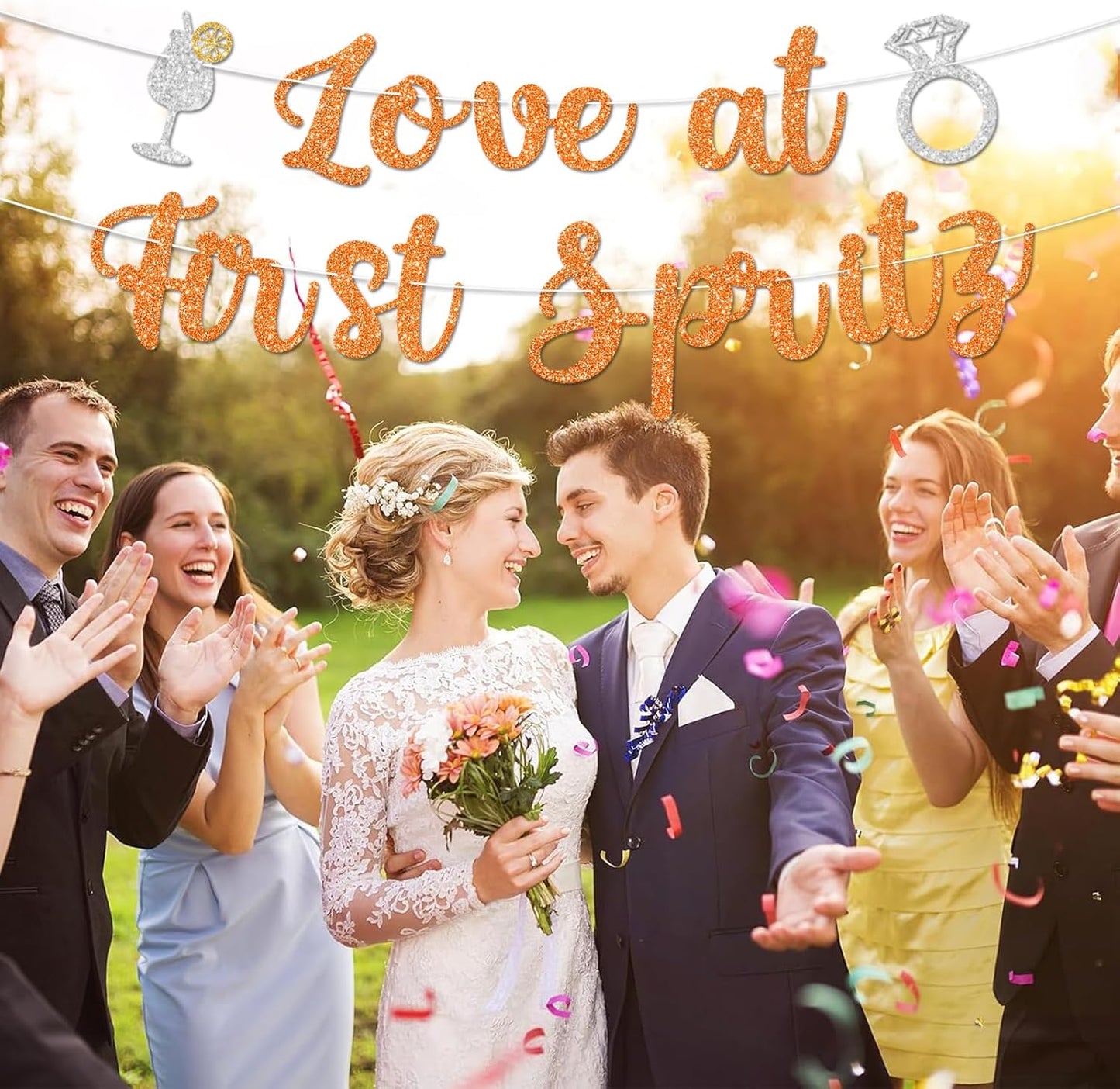 Love At First Spritz Wedding Banner - Bridal Shower Decorations, No Diy, Glitter Just Engaged Spritz Party Banners for Wedding/Engagement/Bachelorette Party Decorations Supplies, Orange.
