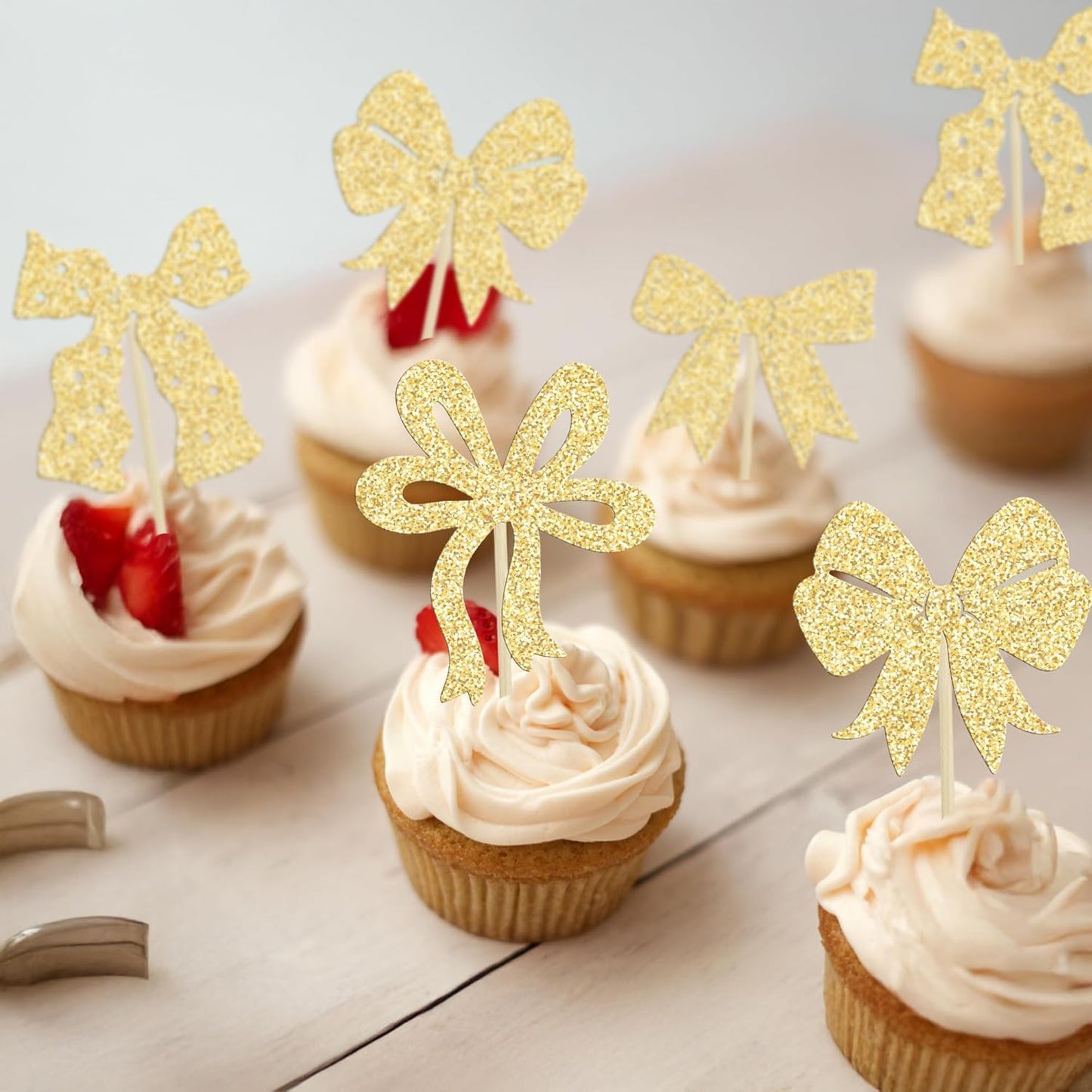 Ephlyn 24Pcs Bow Cupcake Toppers Bow Birthday Cake Topper Girls Birthday Party Decorations Bowknot Cupcake Decorations for Bridal Baby Shower Birthday Wedding Themed Party Gold