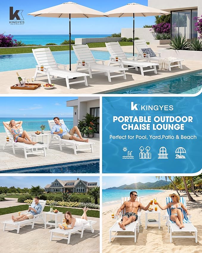 KINGYES HDPE Lounge Chair Outdoor Set of 4, Patio Chaise Lounge Recliner - Image 8