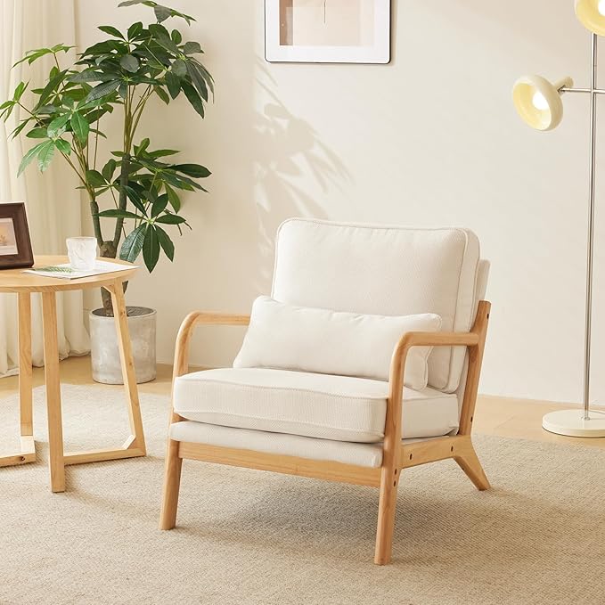 VINGLI Coarse Linen Beige Comfy Accent Chair, Mid Century Modern Lounge Armchair by VINGLI