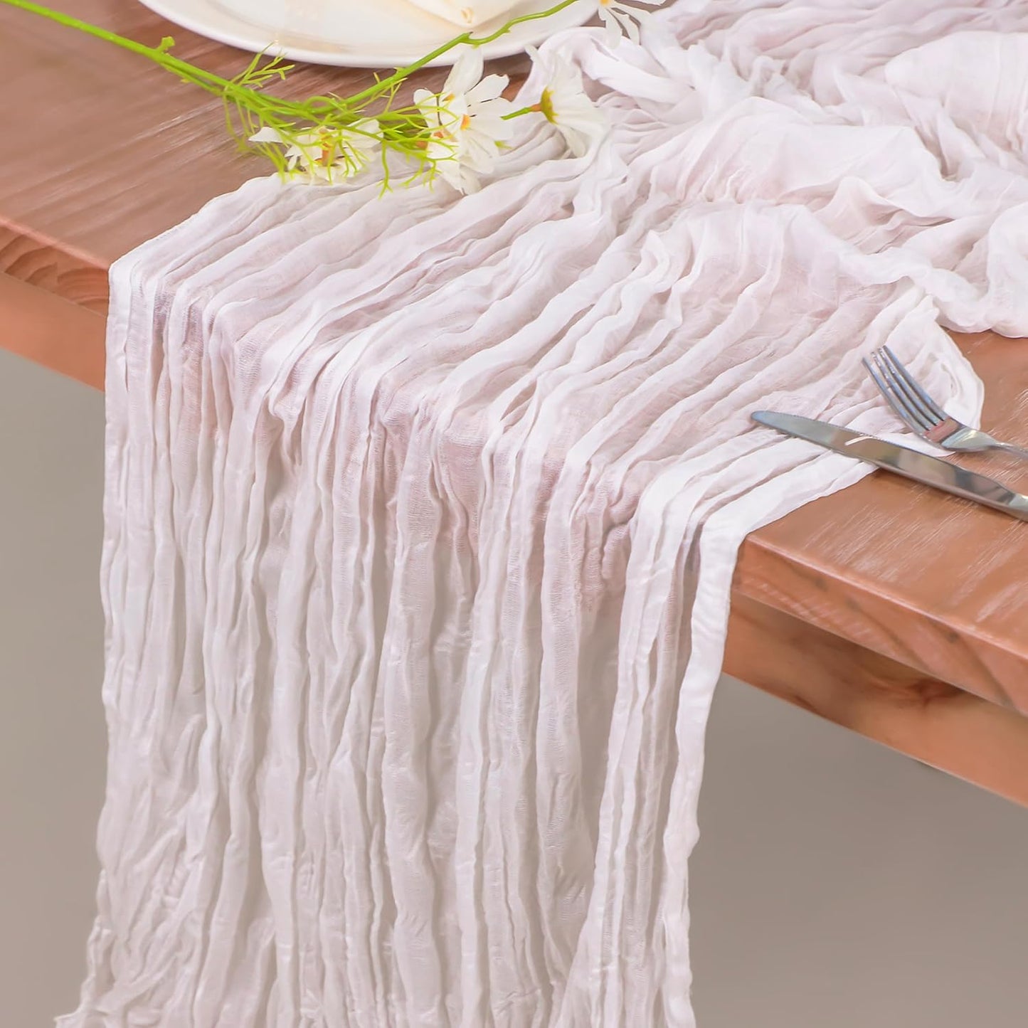 Snowkingdom 13Ft White Cheesecloth Table Runner, 160inch Long Cheese Cloth Boho Gauze Runner for Wedding Bridal Baby Shower Birthday Christmas Holiday Party Sheer Table Decorations