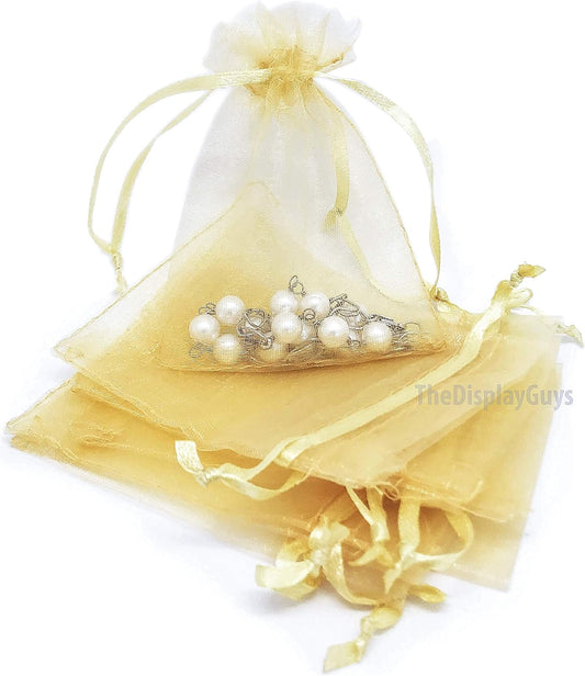 TheDisplayGuys 100-Pack 4x6 Gold Sheer Organza Gift Bags with Drawstring, Jewelry Candy Treat Wedding Party Favors Mesh Pouch