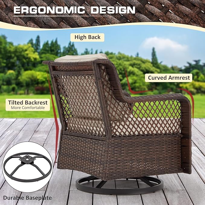 6 Pieces Wicker Patio Furniture Set Conversations Sets, 2 Outdoor 360° Swivel - Image 4