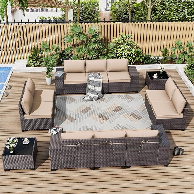 ALAULM 12 Pieces Outdoor Patio Furniture Set Sectional Sofa Sets Brown PE by ALAULM