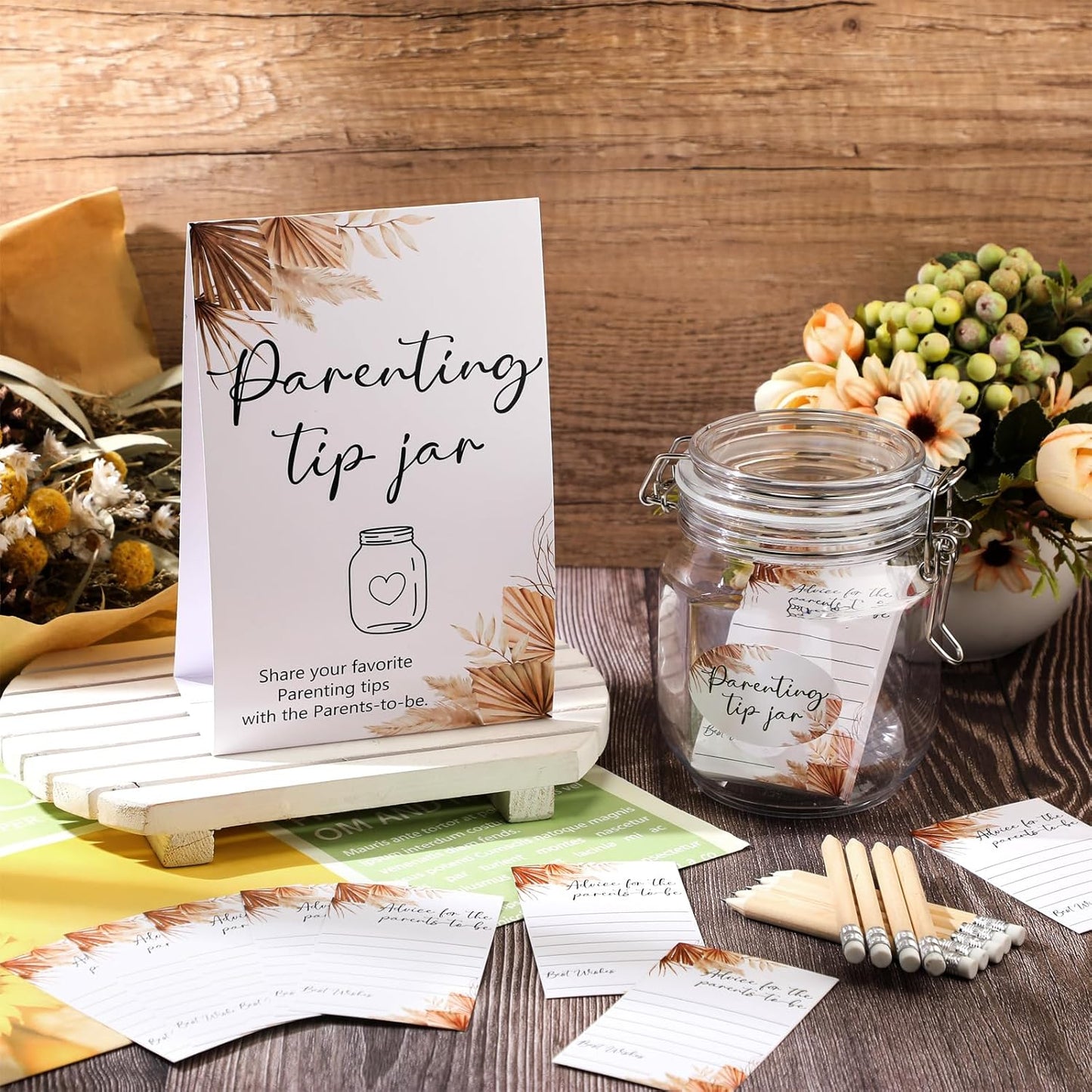 Roowest Baby Shower to Baby Advice Cards for New Parents to Be - Tip Jar Sign for New Parents 60 Parenting Advice Cards 10 HB Pencils 2 Cute Stickers 1 Pet Bottle for Guests Games(Boho)