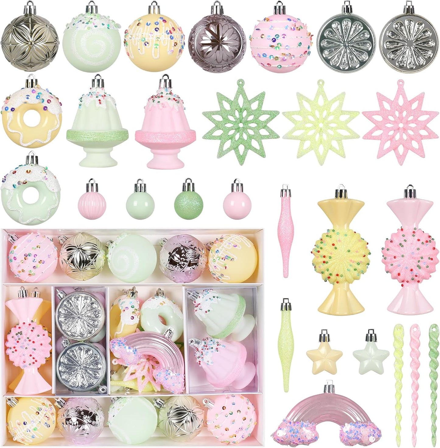 RoseCraft Christmas Ball Ornaments Set, 45 Pack Macaroon Plastic Shatterproof Christmas Tree Hanging Decorations, for Home Wedding Holiday Xmas Party Decor.