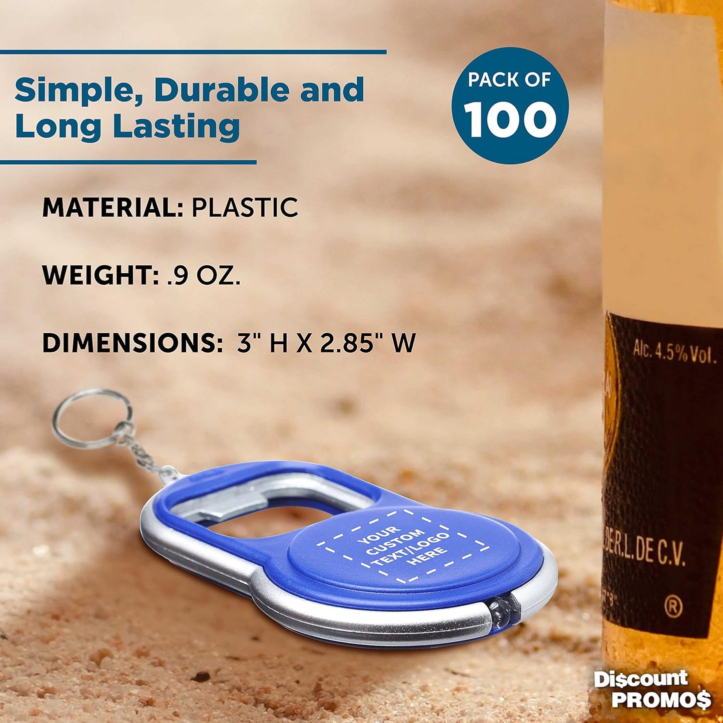 DISCOUNT PROMOS Custom Bottle Opener & LED Keychains Set of 100, Personalized Bulk Pack - Perfect for Tradeshows, Party Favors, Other Events - Blue