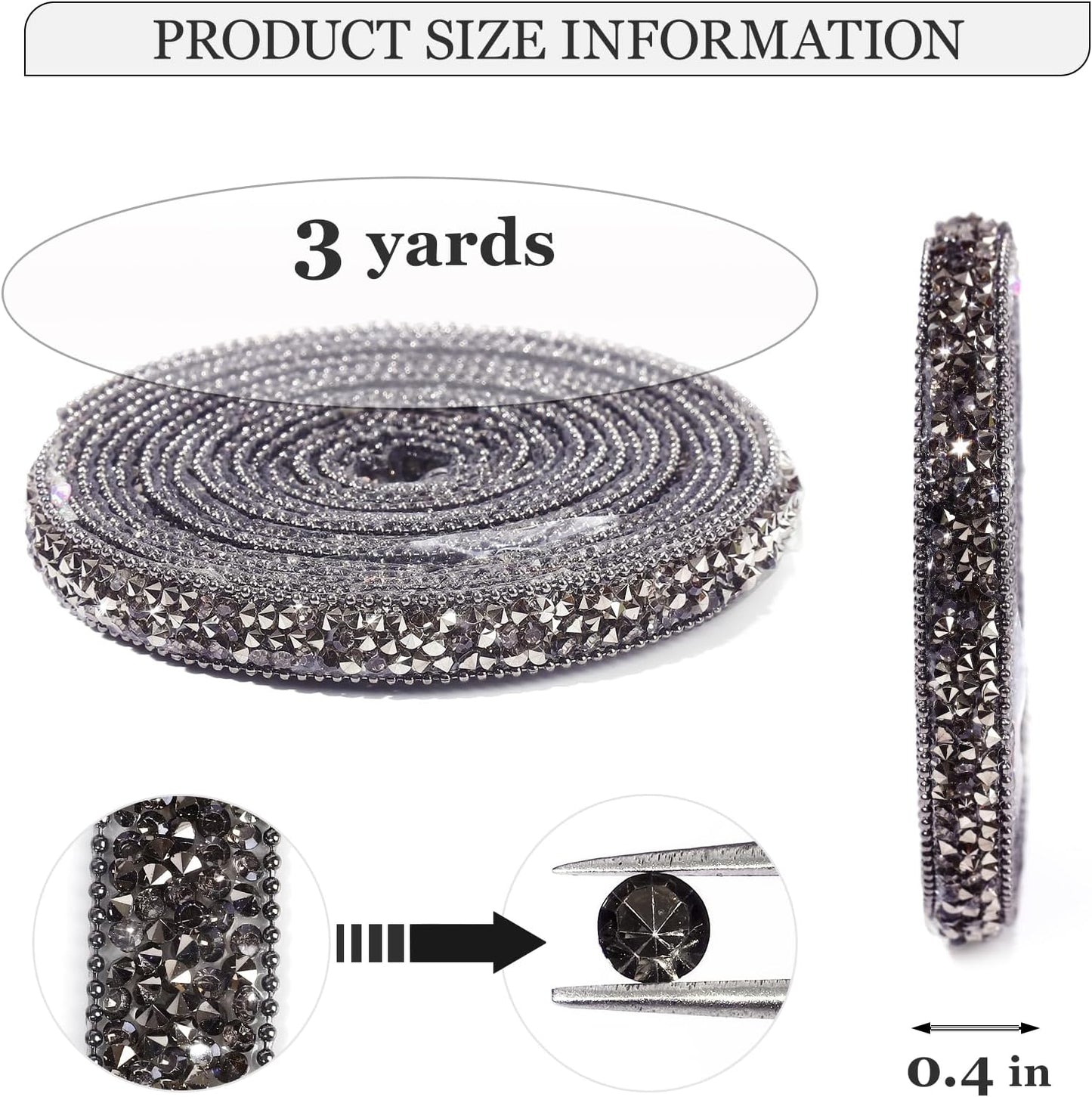 Rhinestone Ribbon 6 Yards Self Adhesive Rhinestone Strips Diamond Ribbon Sticker Crystal Roll Glitter Bling Rhinestones Tape for Crafting DIY Art Decoration (Jet Hematite,0.4 Inch)