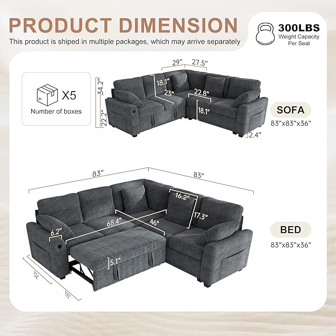 Hanherry Sectional Couch with Pull Out Sofa Bed, Corduroy Sleeper Sofa with 2 - Image 2
