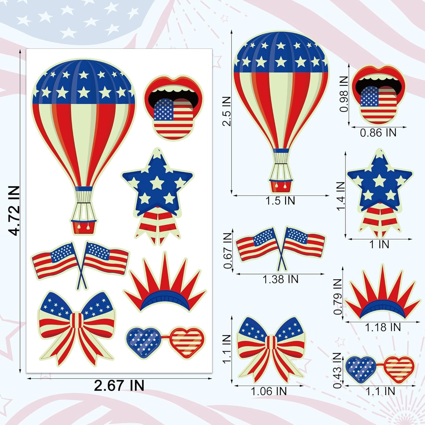 106 Packs 4th of July Decorations, 4th of July Glow in the Dark Tattoos, Multiple Styles Fourth of July Tattoos, Red White and Blue Decor Suitable for Patriotic Accessories Independence Day Supplies