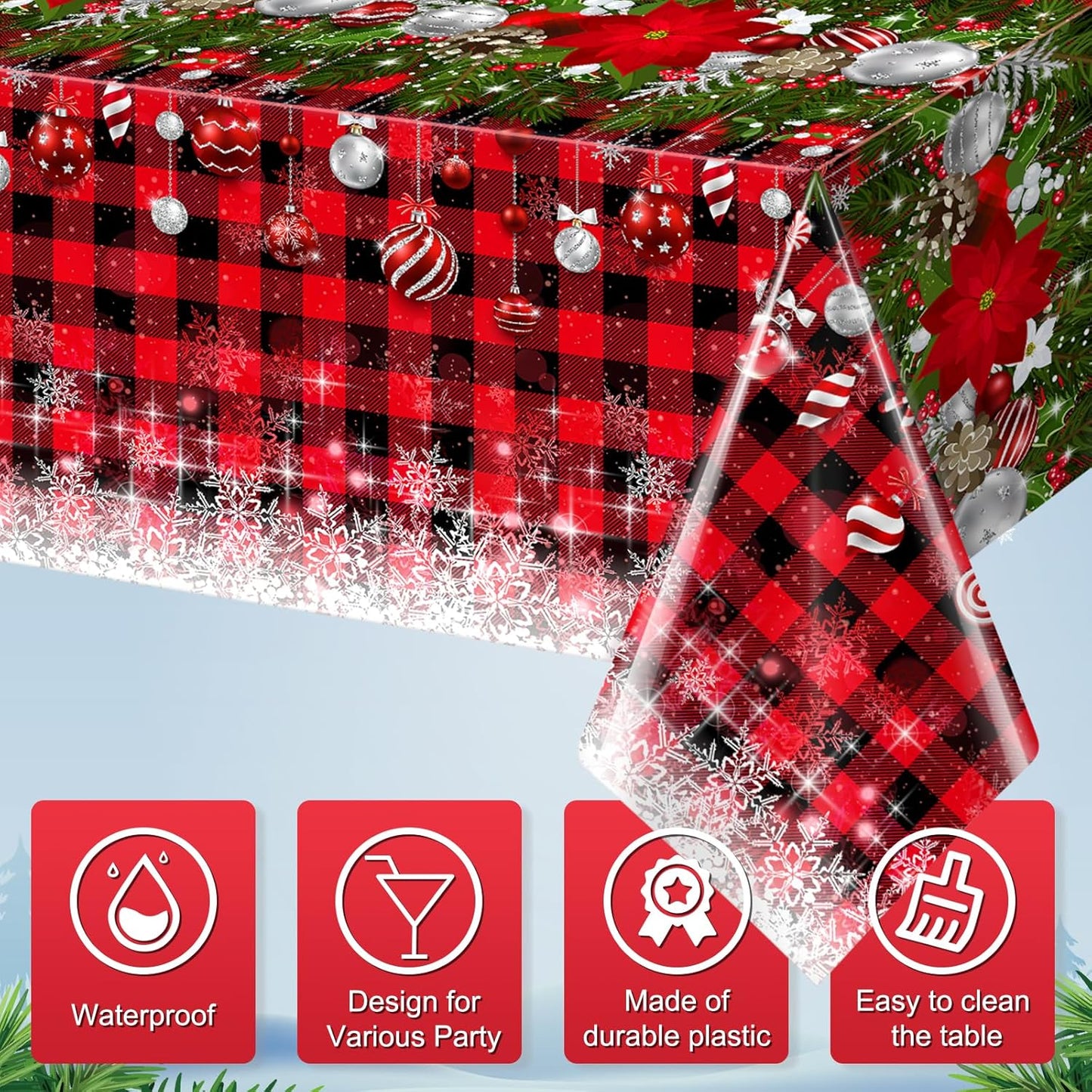 6Pcs Christmas Buffalo Plaid Snowflake Tablecloths,Plastic Red and Black Checkered Rectangle Christmas Tree Color Ball Table Cover for Winter Christmas New Year Holiday Party Decorations,54x108 inch