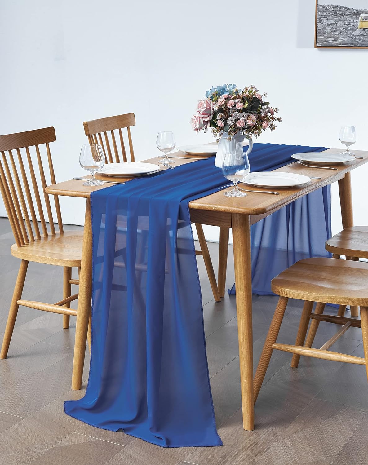 2 Pack 10Ft Royal Blue Chiffon Table Runner Sheer 29x120 Inch for Romantic Wedding Decor Bridal & Baby Shower Birthday Rustic Party Decoration