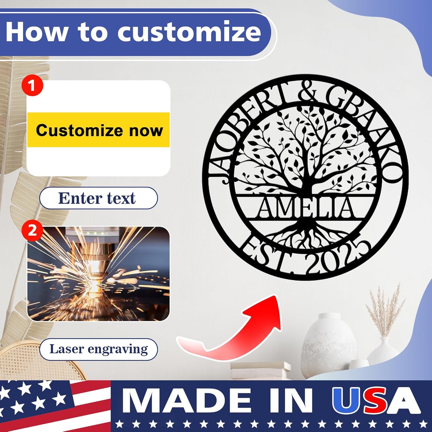 Custom Tree Of Life Metal Signs Wall Art, Personalized Family Last Name Outdoor Metal Signs, Wedding Gifts For Couple, Name Sign Customized Christmas Valentine's Day Housewarming Gifts