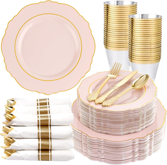 Liacere 350PCS Pink Plates Disposable - Pink and Gold Plates 50guest Baroque Plastic Dinnerware include 100Plates, 50Pack Pre Rolled Napkins with Silverware 50Cups Perfect for Wedding＆Mother's Day