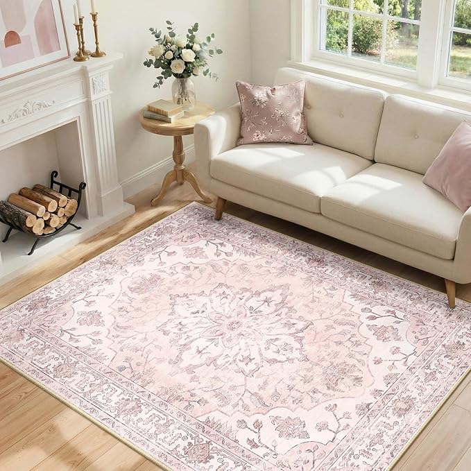 RELEANY Area Rugs 4'x6' Washable Non-Slip, Floral Vintage Distress Print by RELEANY