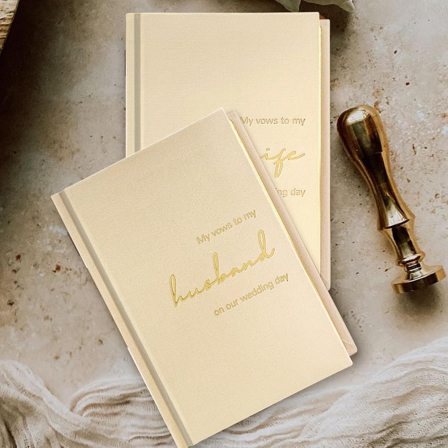 Vow Books His and Hers Set of 2 Canvas Linen Wedding Vow Books Husband and Wife Hard Cover Vow Books for Engagement Gifts(XZ-HW-Beige)