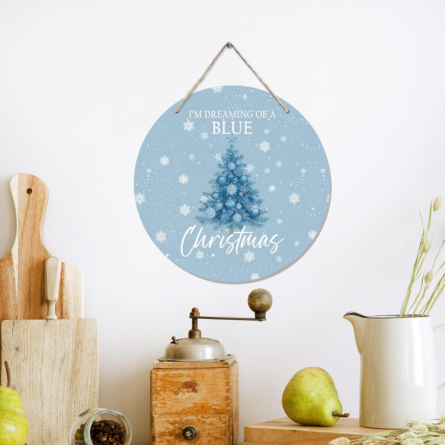 CGBHW Blue Christmas Tree Wooden Sign, Winter Holiday Theme Hanging Sign Wall Decor for Girls Room Home College, Aesthetic Christmas Xmas Snowflake Door Decor 12 x 6 Inch