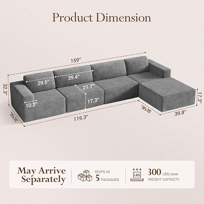 Vesgantti 159" Large Modular Sectional Sofa, L-Shaped Corduroy Cloud Couch - Image 2
