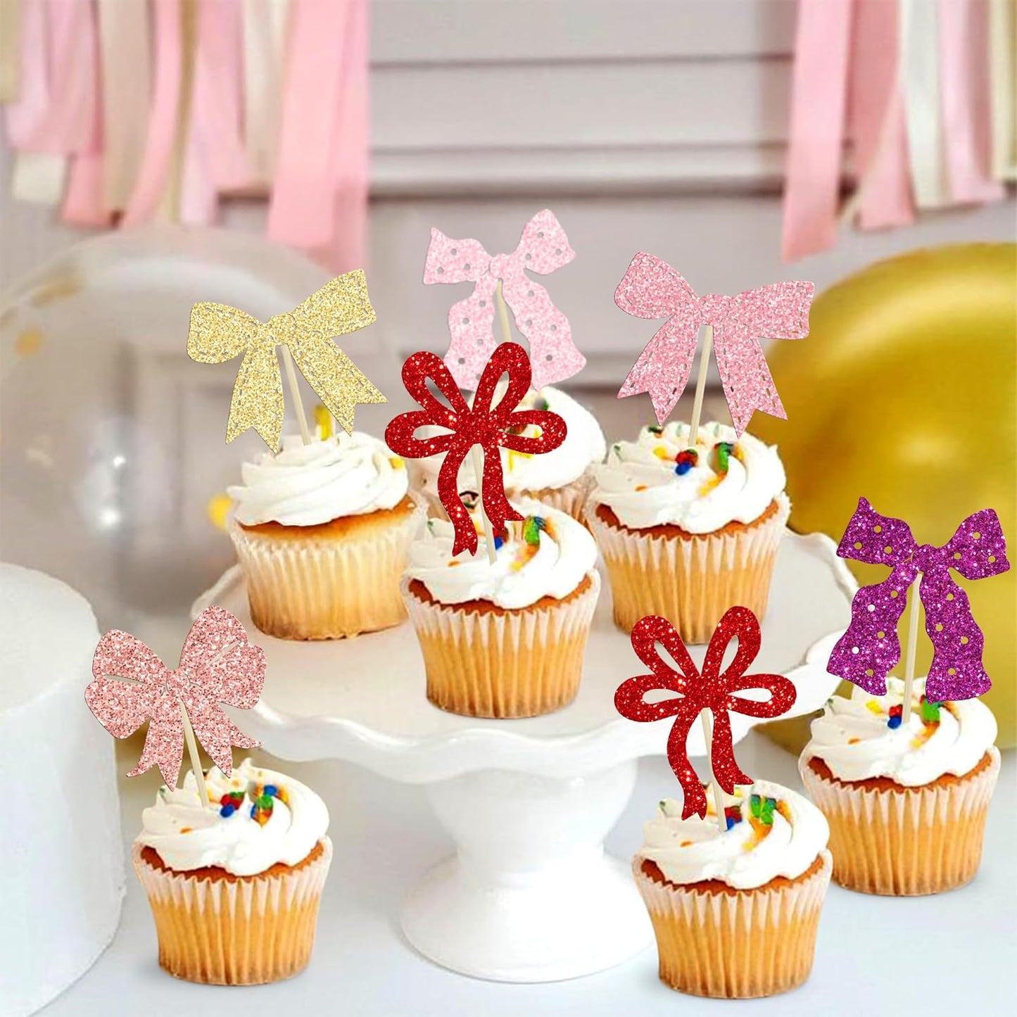 Ephlyn 24Pcs Bow Cupcake Toppers Bow Birthday Cake Topper Girls Birthday Party Decorations Bowknot Cupcake Decorations for Bridal Baby Shower Birthday Wedding Themed Party Pink Gold Purple Rose Red