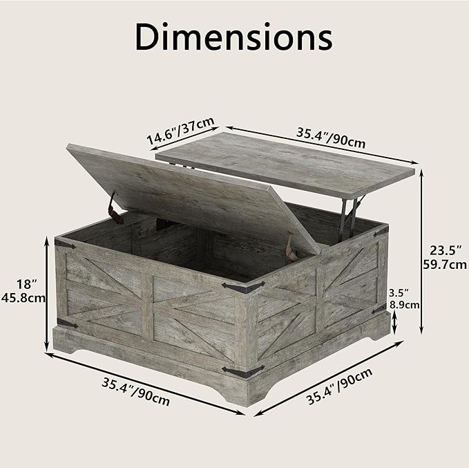 Furnideco 35.5''W Square Coffee Table Farmhouse Lift top Coffee Table - Image 2