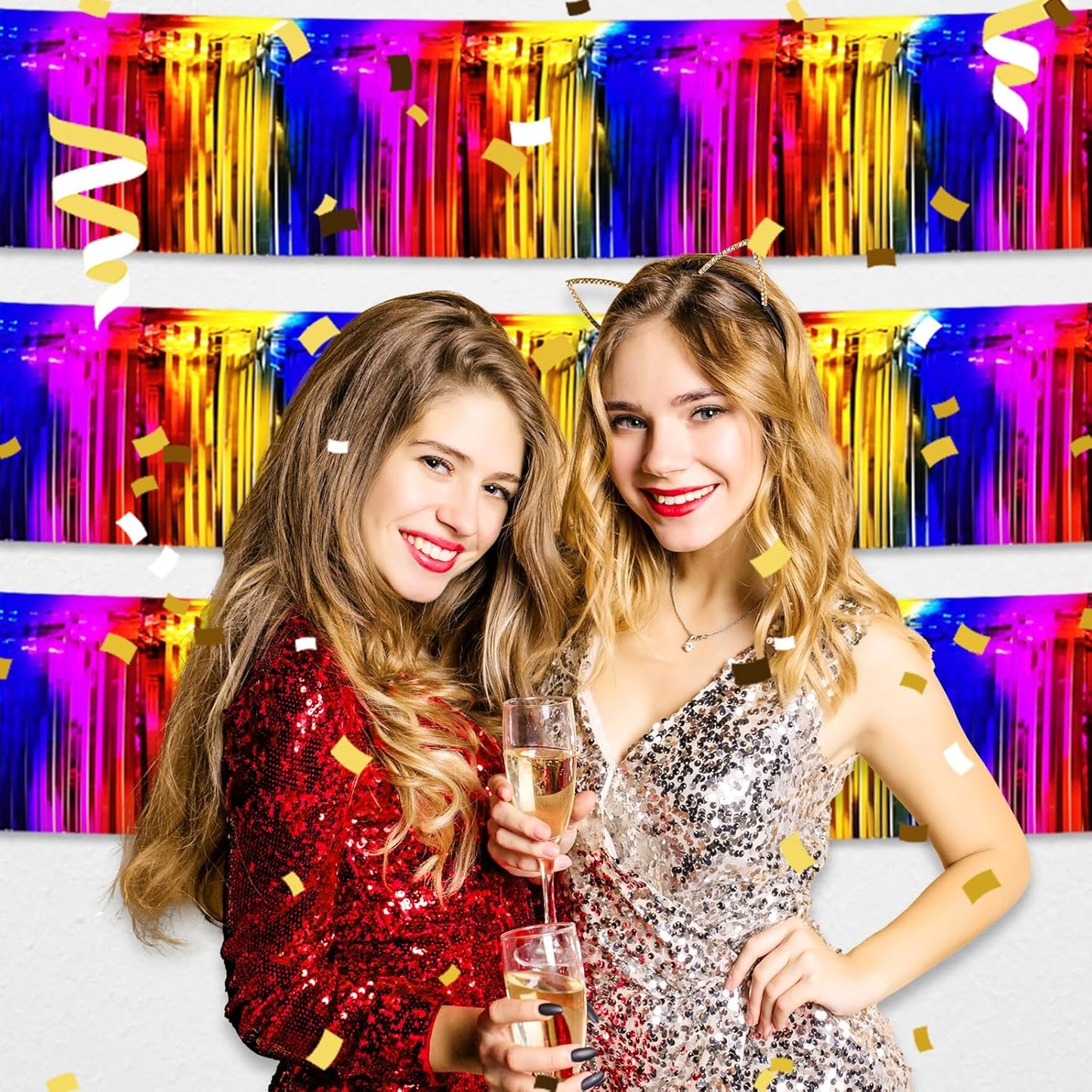 4 Pack 10 Feet Rainbow Foil Fringe Garland Metallic Tinsel Streamers Banner Wall Hanging Curtain Backdrop for Parade Floats, Wedding, Graduate, Mother's Day, Birthday Party Decoration