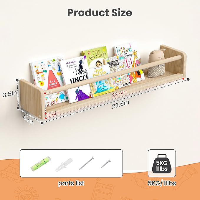 upsimples 2 Pack Nursery Book Shelves, 23.6 Inch Floating Bookshelves - Image 2