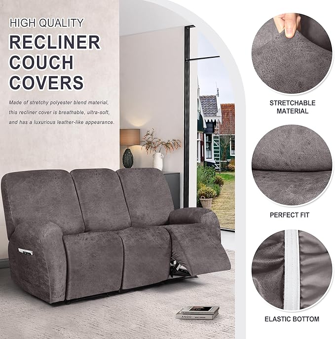 ANARACHON Leather Look Recliner Couch Cover, 8-Pieces Stretch Recliner Sofa - Image 4