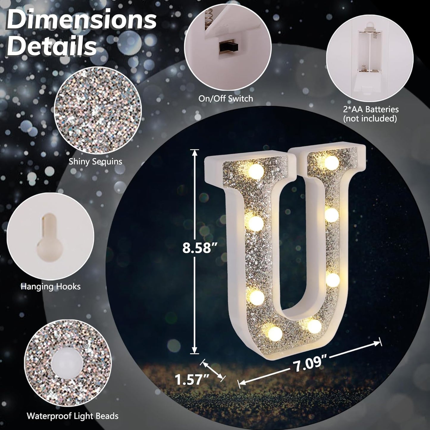 Marquee Light Up Letters, Glitter Silver LED Letter Lights Battery Powered Alphabet Letter Sign for Night Light Wedding Birthday Party Cafe Bar Decoration Girls Room Decor - U