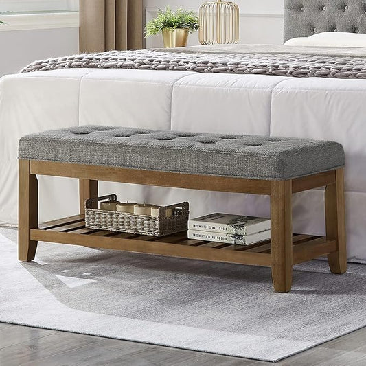 24KF Large Rectangular Upholstered Tufted Linen Fabric Ottoman Bench, Padded by WEMARTHOMEDECOR