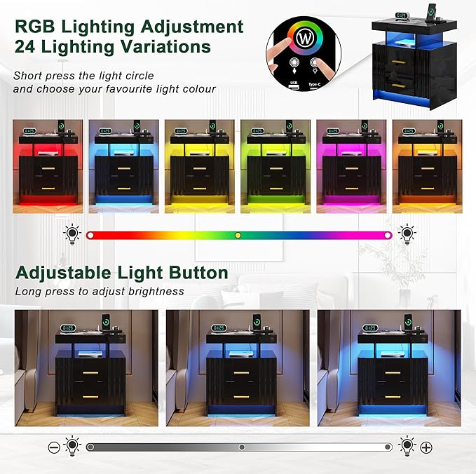 Nightstand with Wireless Charging Station, Bedroom Bedside Table with RGB Lights - Image 4