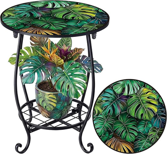Cinnvoice Outdoor Side Table Round Small Mosaic Patio Accent Indoor End Plant by Cinnvoice
