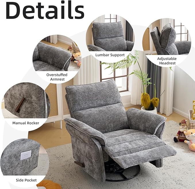 Oversized Glider Rocker Recliner, Chenille Rocking Nursery Chair - Image 7
