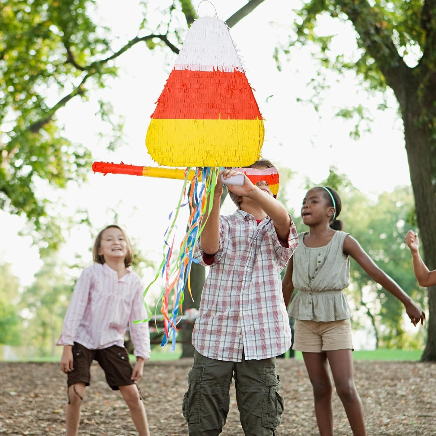 Lenwen Halloween Candy Corn Piñata Halloween Large Piñata with Stick Blindfold and Confetti Party Decorations for Birthday Game Halloween Themed Party Decoration