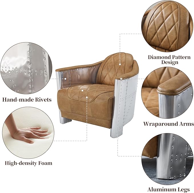 Art Leon Genuine Leather Chair, Mid Century Industrial Accent Arm Chair - Image 3