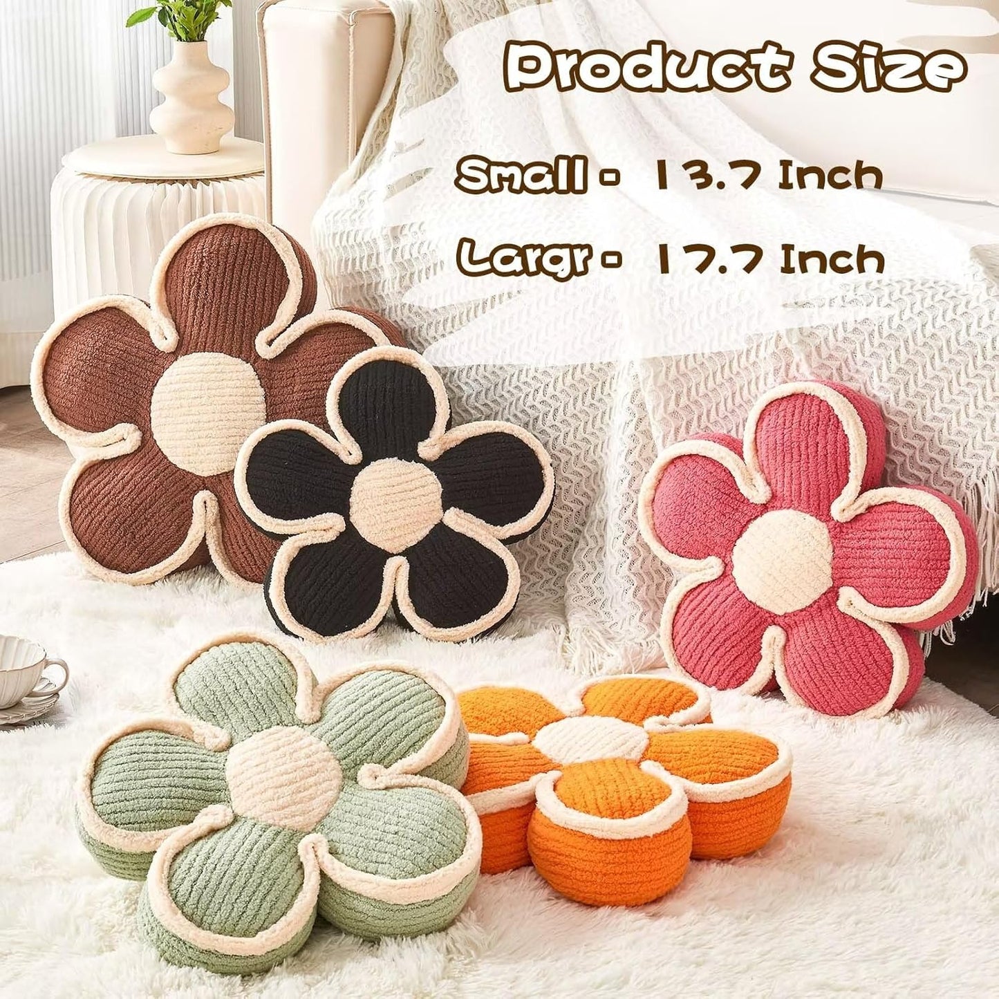 Flower Pillow, Soft Shaped Floor Cushion, Decorative Throw Pillow, Cute Seating Cushion, Room Decor Plush Pillows for Sofa Couch Bed (17.7 Inch, Black)